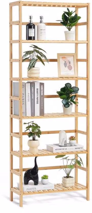 Libreria in bambù a 6 ripiani, autoportante, multifunzionale, ideale per il bagno
