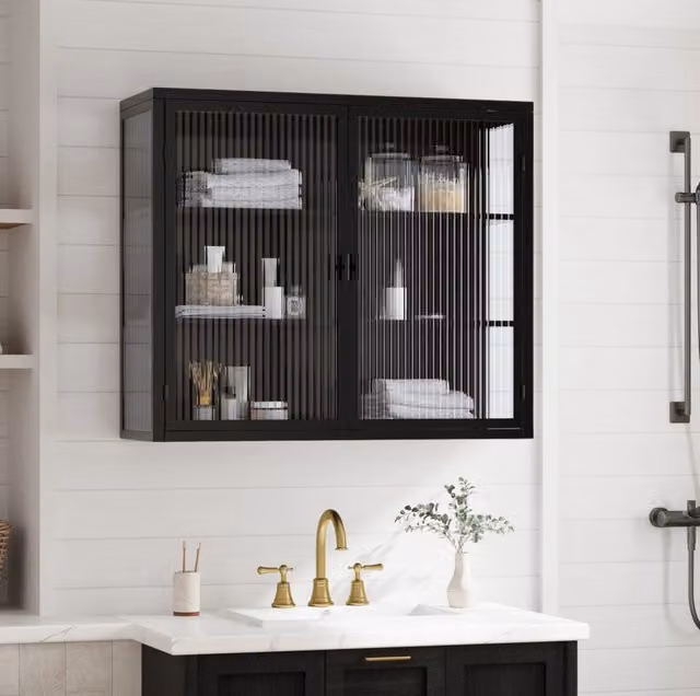 Armadio da Parete Moderno Nero con Due Ante in Vetro Chiaro, 70x23x60 cm, 3 Ripiani Regolabili per Soggiorno e Bagno