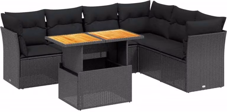 Set Divani da Giardino con Cuscini 7pz Nero Polyrattan