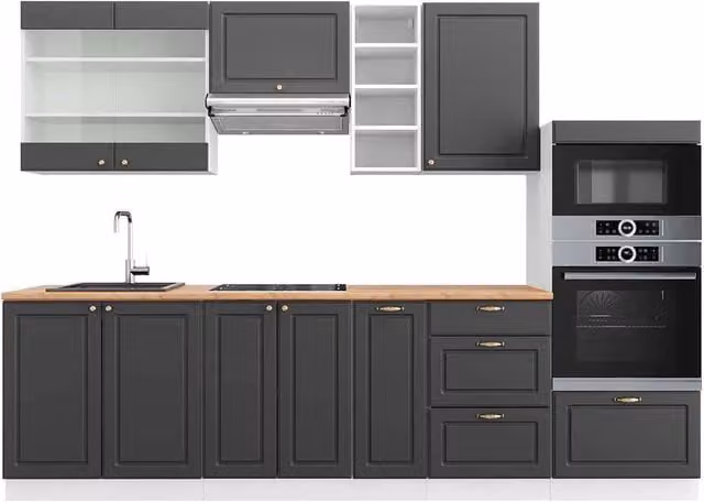 Cucina componibile moderna Fame-Line Vicco, colore Antracite, Oro, Bianco e Rovere, L: 280 cm – 1