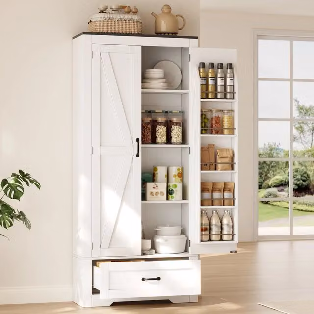 Armadio da cucina alto 80x35x183 cm, mobile contenitore con 2 ante e 1 cassetto spazioso, ripiani sulle ante per soggiorno, sala da pranzo e bagno