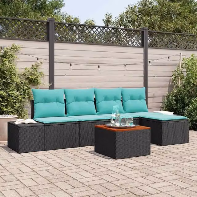 Set Divano da Giardino 6 pz Nero e Turchese polyrattan 3356618