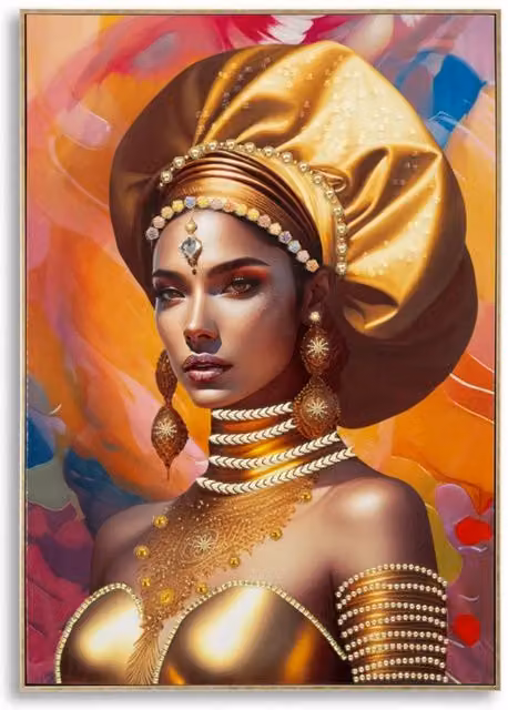 Dipinto su tela Samira B di Vikasa Home, ritratto boho con turbante oro, rosa, arancione e marrone – 1