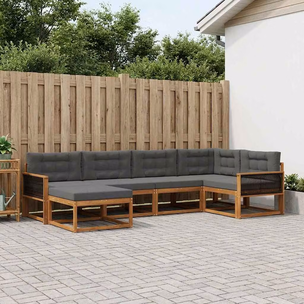 vidaXL Set di divani da esterno a L in legno di acacia con pouf e cuscini, Beige e Antracite