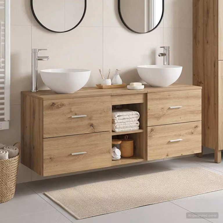 Set di mobili da bagno vidaXL 3 pezzi in legno e metallo marrone con ripiani e cassetti L/P/H: 129 x 35 x 80 cm