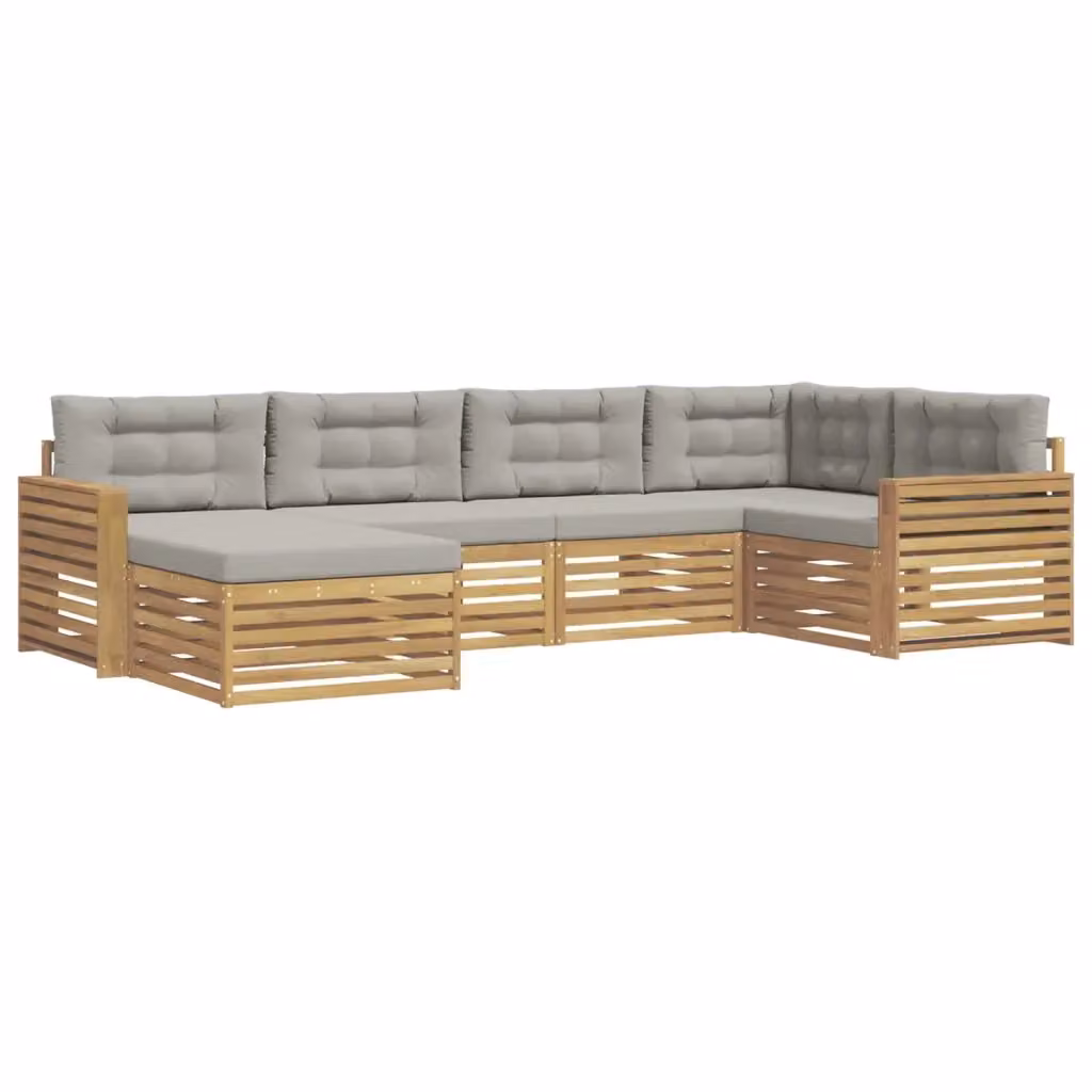Set di divani da esterno a L vidaXL in legno di acacia con pouf e cuscini, Bianco e Grigio – 2