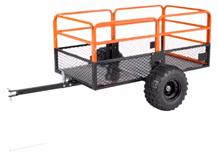 Carrello da giardino robusto con una capacità di carico di 800 kg e un ampio cassone, ideale per trasportare tosaerba e veicoli fuoristrada
