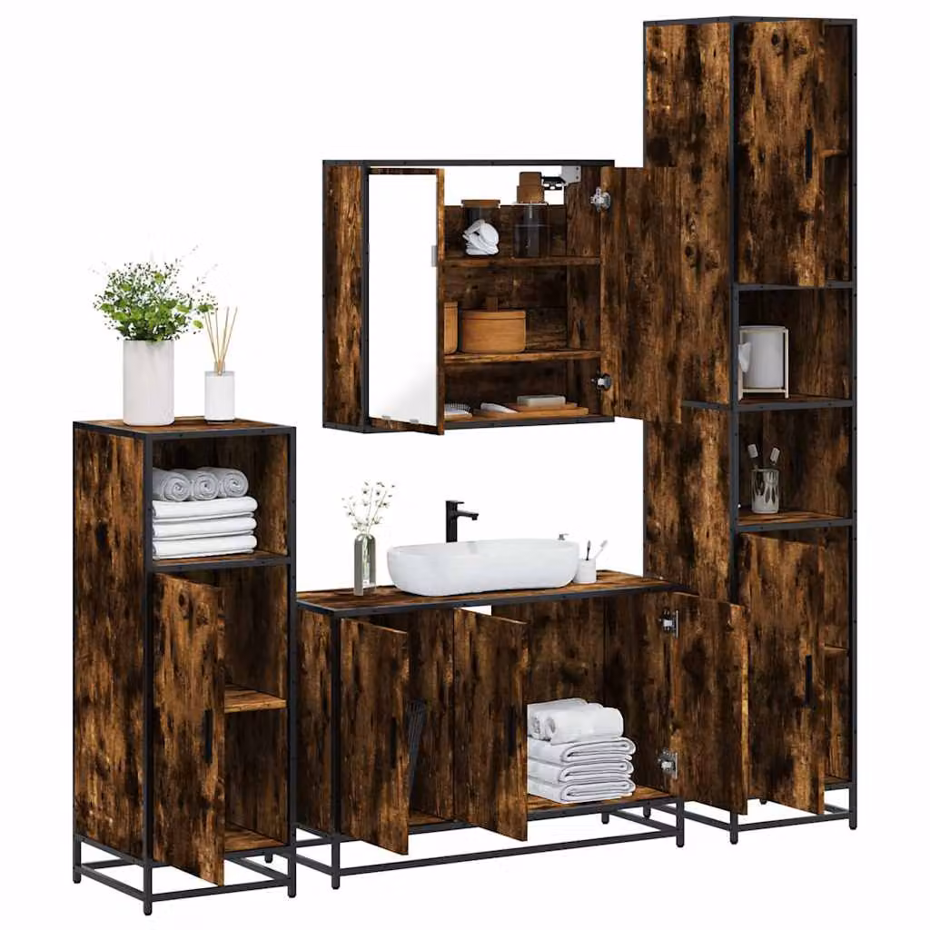 Set di mobili da bagno industrial vidaXL 4 pezzi in legno e metallo marrone con illuminazione LED, composto da armadietto con specchio, mobile lavabo, armadietto laterale e colonna alta, L/P/H: 90 x 33 x 60 cm – 1