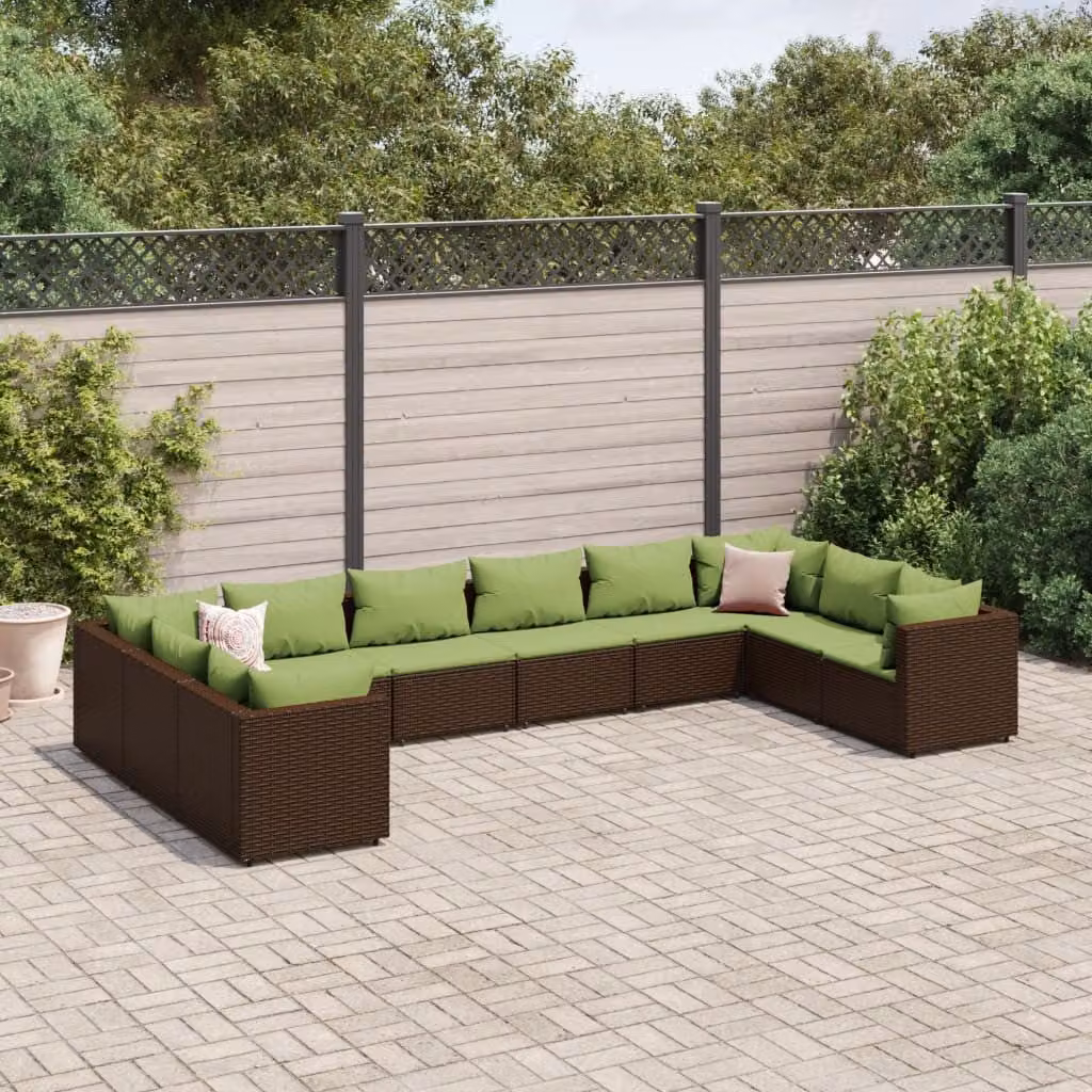 vidaXL Set Divani da Giardino 10 pz a Forma di L con Cuscini in Polyrattan e Struttura in Acciaio, Marrone e Verde