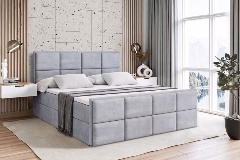 Letto boxspring ALTDECOR con pediera, materasso H3 e topper - 180x200 cm - NOVA-Z - Velluto grigio chiaro - Letto imbottito con contenitore e rete a doghe, letto con spazio contenitivo