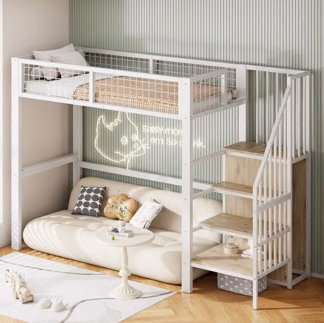 Letto a soppalco 90x200 cm in metallo bianco con scala di sicurezza e armadio