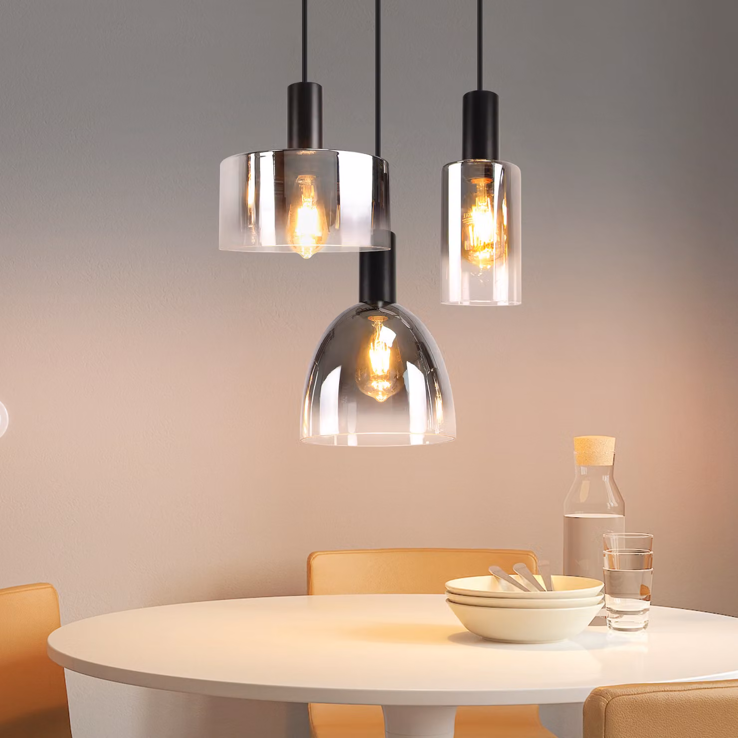 ZMH lampada a sospensione in vetro tavolo da pranzo luce a sospensione retrò 3 fiamme lampada a sospensione E27 lampada a sospensione tavolo da pranzo lampada nero opaco per cucine camere da letto soggiorni senza lampadine