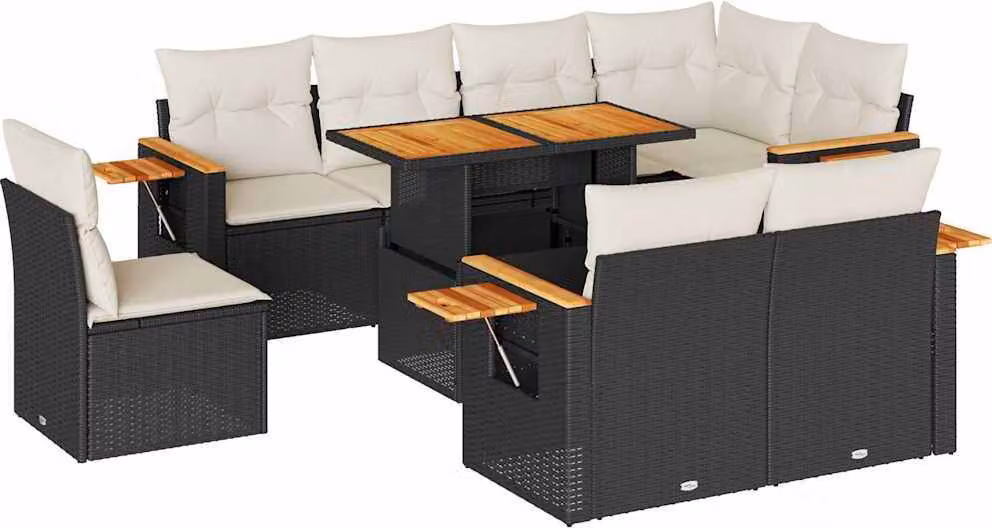 Set Divani da Giardino 9 pz con Cuscini Nero Polyrattan Acacia