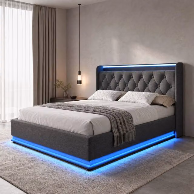 Letto imbottito 180x200 cm con contenitore idraulico; LED; USB e Type-C; lino grigio