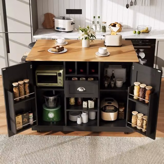 Isola cucina con tavolo estraibile; 2 cassetti e 4 ante; MDF bianco con maniglie nere e luce LED