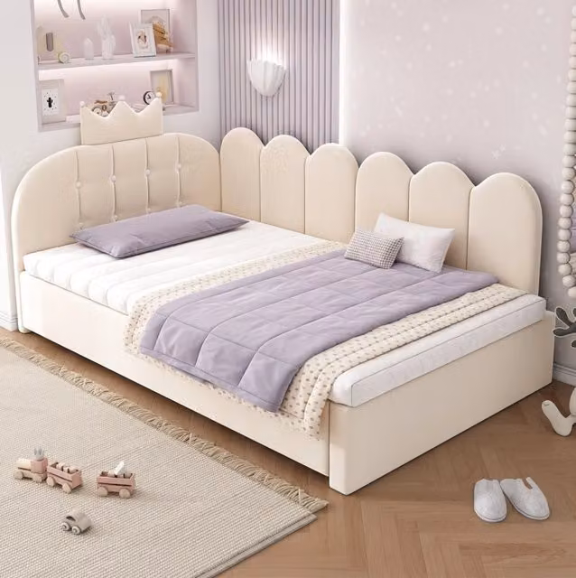 Letto singolo a L 90x200 cm con letto estraibile 90x190 cm in velluto beige