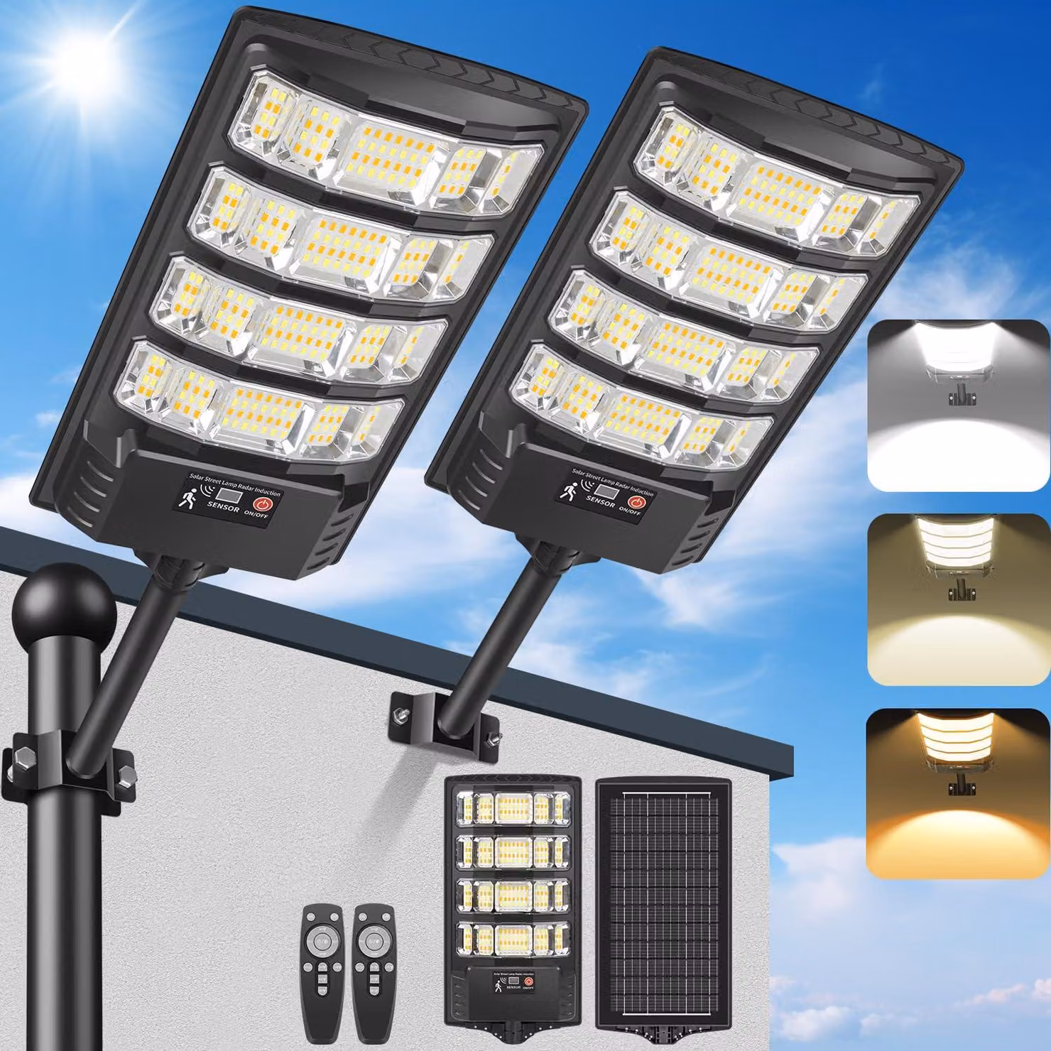 Lampada solare da esterno, confezione da 2, LED, 6000K/3000K, sensore di movimento, grado di protezione IP65
