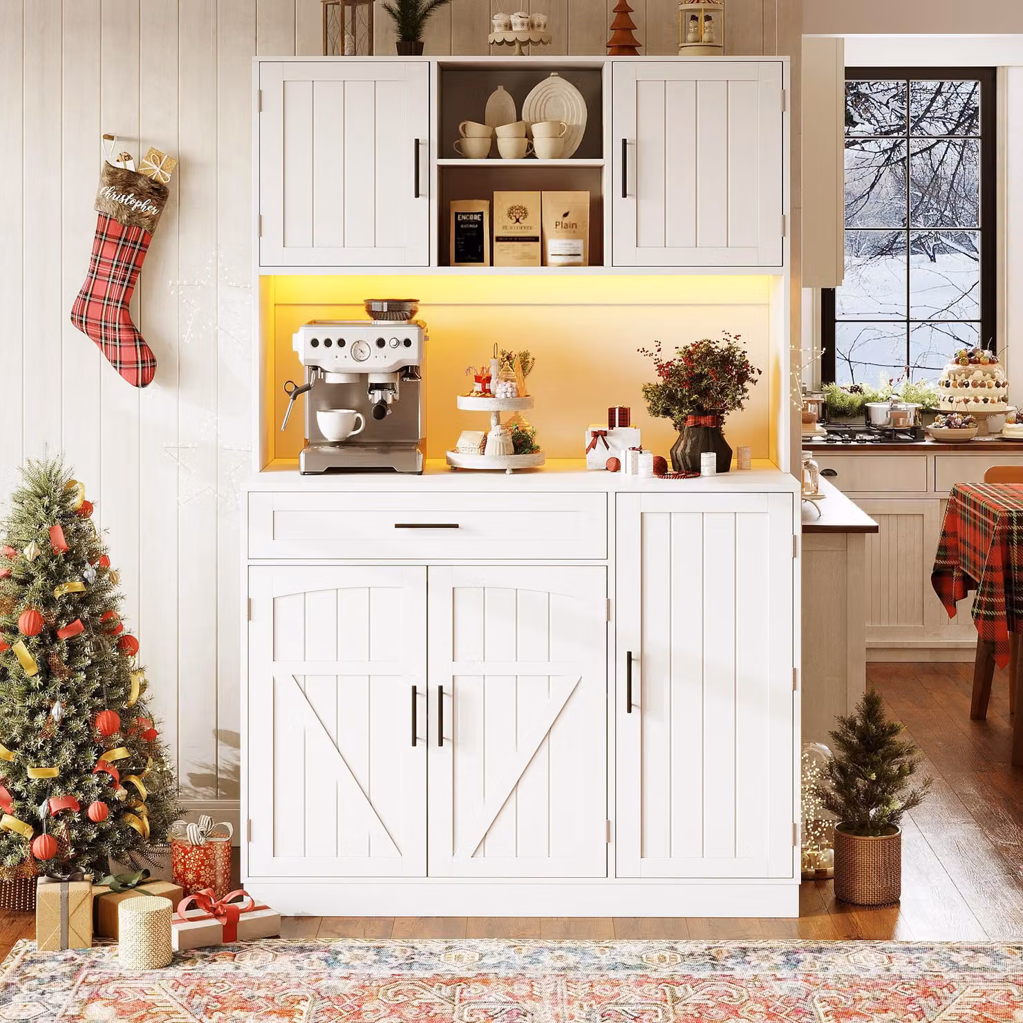 Flieks, colonna da cucina con funzione led e cassetto, mobile buffet da cucina con cassetto e ripiano, mobile buffet 110x38x180cm, bianco