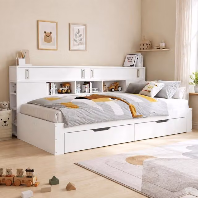Letto singolo multifunzione MODFU con cassetti, armadietti e ripiani in MDF bianco, L/P/H: 90 x 190 cm