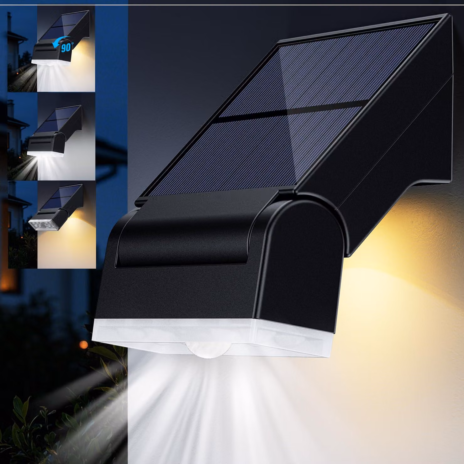 Lampada solare da esterno, 3 modalità, regolabile a 90°, grado di protezione IP65, confezione singola.
