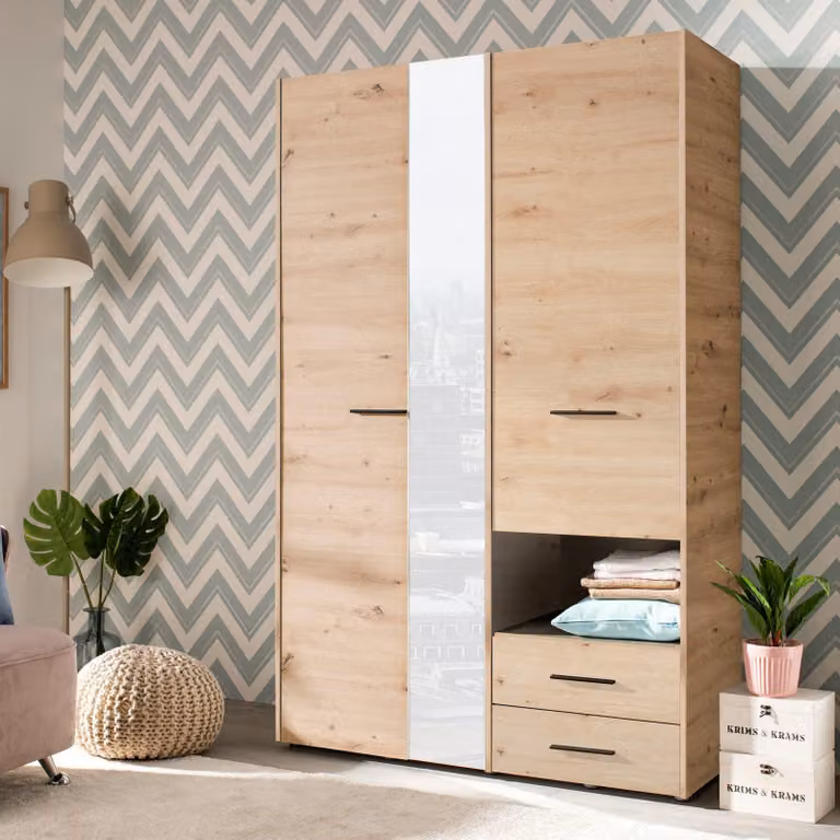 Dmora Guardaroba 3 Ante Molare 128x54 cm Marrone Rovere Nodi, Appendiabiti 2 Cassetti