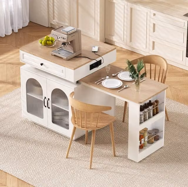 Tavolo da Pranzo Estraibile con Ruote e Illuminazione LED, Isola Cucina Multifunzionale Bianca 128-200x71x92 cm