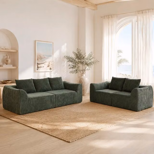 Divano Modulare in Velluto a Coste con Imbottitura in Schiuma; Linee Curve Verde; per Soggiorno