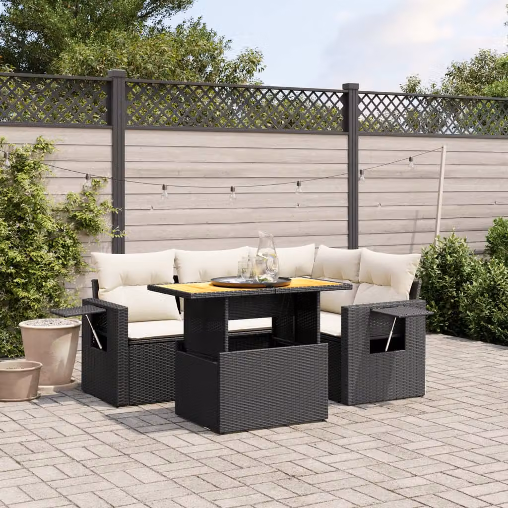 Set di divani da giardino vidaXL a forma di L composto da 5 pezzi in polyrattan nero con cuscini inclusi