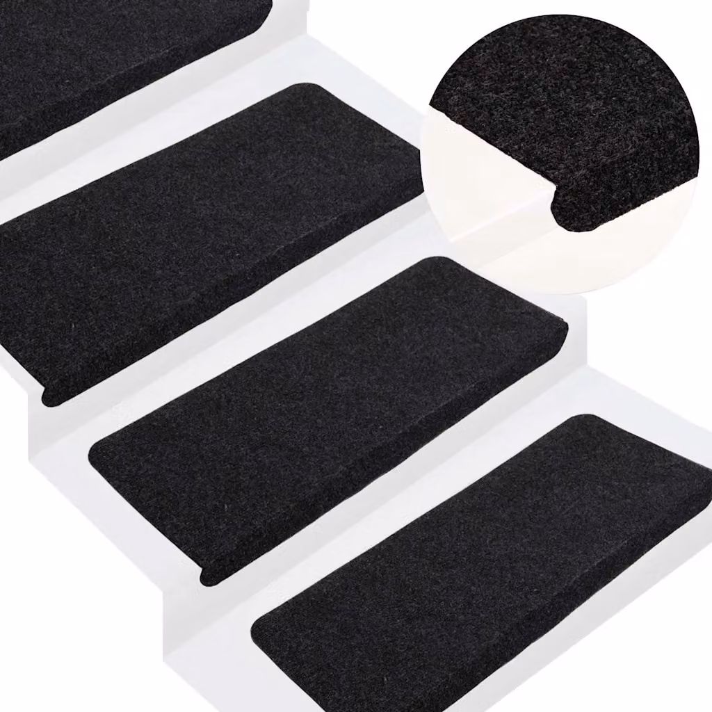 vidaXL Set di 15 Tappetini Autoadesivi per Scale in Poliestere e Polipropilene, Nero, L 65 x P 24,5 x H 3,5 cm