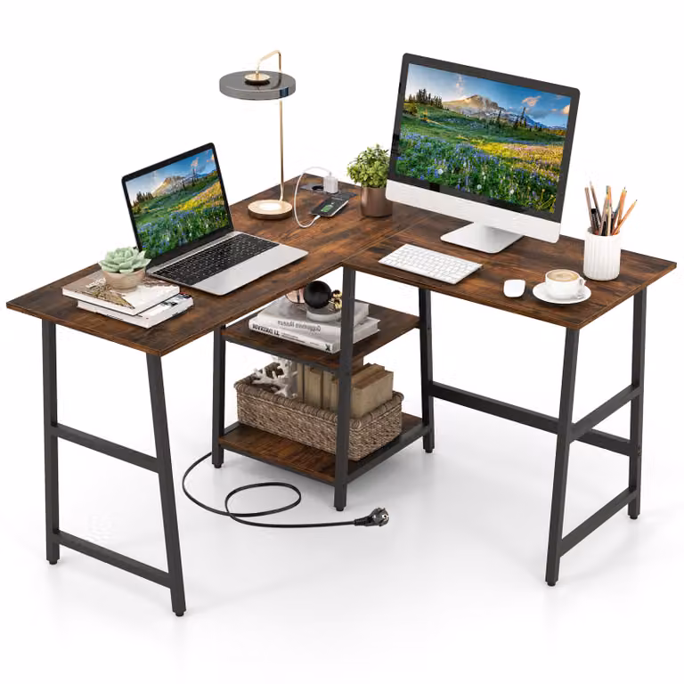 COSTWAY Scrivania a L, scrivania angolare con prese di corrente, porte USB e ripiani, scrivania per computer, scrivania per ufficio 120x120x75cm marrone rustico