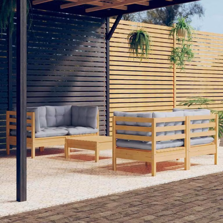 Set di divani da giardino vidaXL a forma di L composto da 5 pezzi con cuscini grigi in legno massello di pino