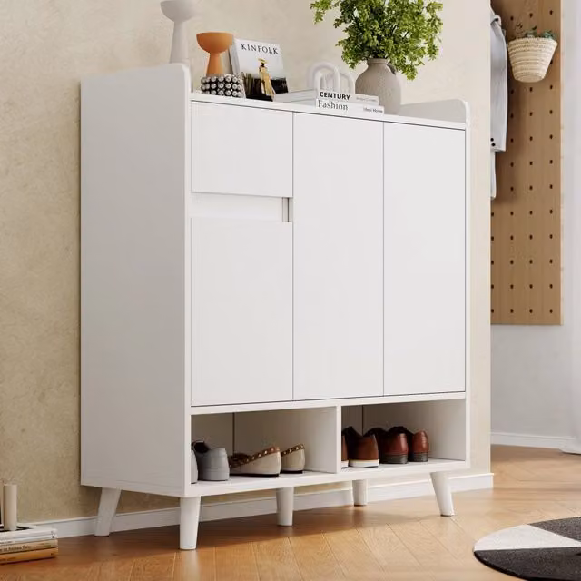 Cassettiera MINIMAL bianca con ripiani regolabili e gambe in legno massello L: 90 cm, H: 99 cm, P: 35 cm