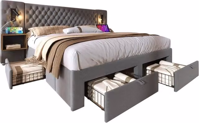 Letto Matrimoniale 180x200 in Velluto Grigio con 4 Cassetti; Comodini e Luci di Lettura