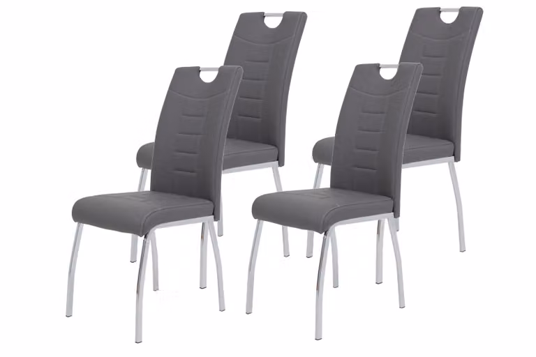 Set di 4 sedie da pranzo Andrea - Ecopelle grigia - Maniglia a staffa e struttura in metallo cromato - Portata: 140 kg - Schienale ergonomico con trapuntatura