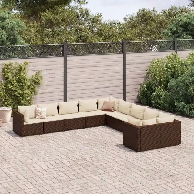 Set Divani da Giardino 10pz con Cuscini in Polyrattan Marrone 3308345