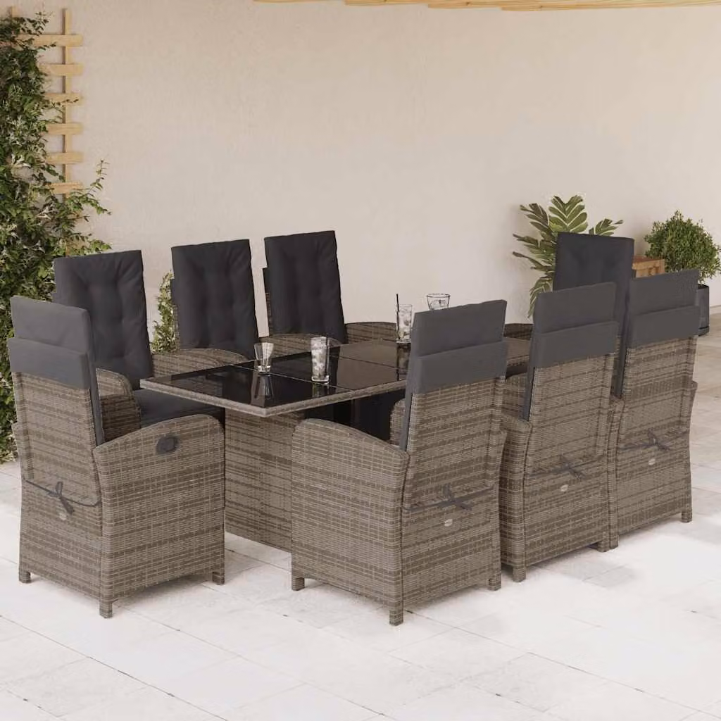 vidaXL Set da Pranzo da Giardino 9 pz in Polyrattan e Vetro Grigio e Nero – 1
