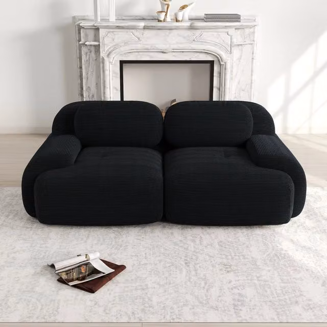 Divano 2 Posti Loveseat in Tessuto a Coste ¨C MINIMAL ¨C Nero, Modulare con Braccioli