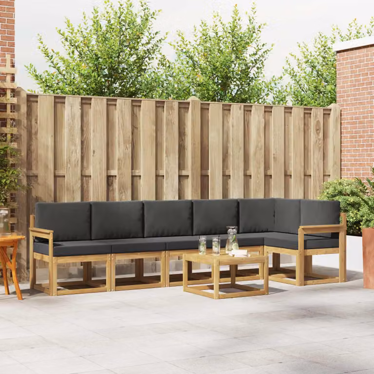 Set di divani da esterno vidaXL 7 pz a forma di L con tavolino, in legno di acacia e tessuto resistente ai raggi UV, Bianco e Antracite