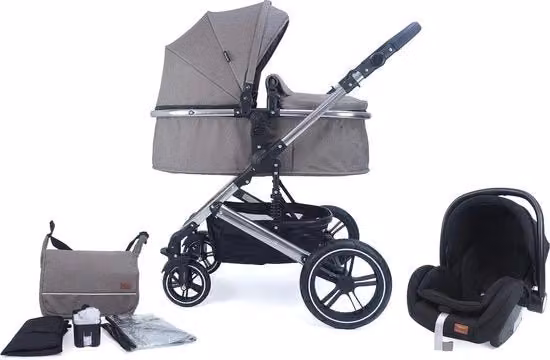 Set 3 in 1 Universale per Carriolo con Culla, Sedile Sportivo e Seggiolino Auto, Ripiegabile e con Sospensioni, Grigio