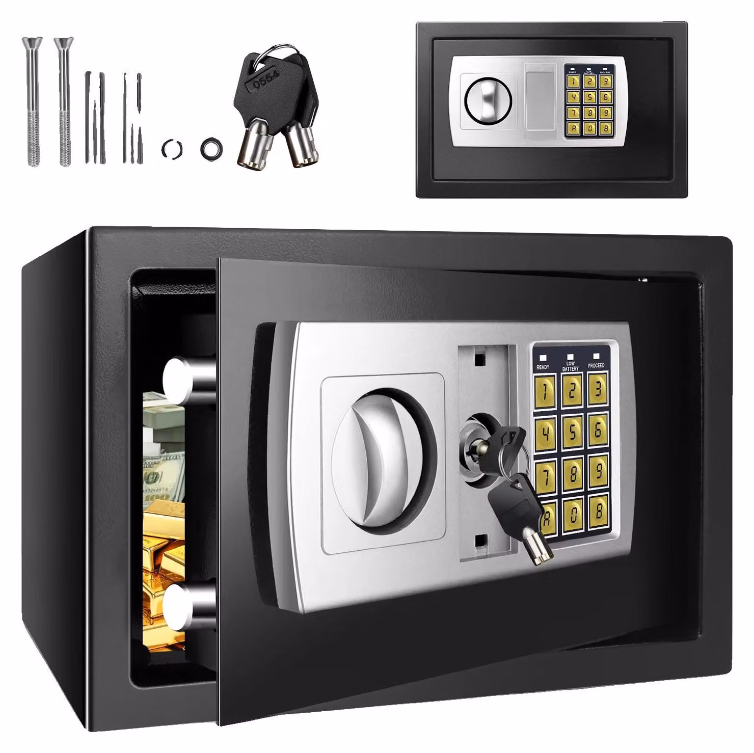 Cassaforte digitale, dimensioni 31 x 20 x 20 cm, capacità 8,5 litri, realizzata in acciaio di alta qualità, doppia opzione di accesso (password e chiave), design compatto