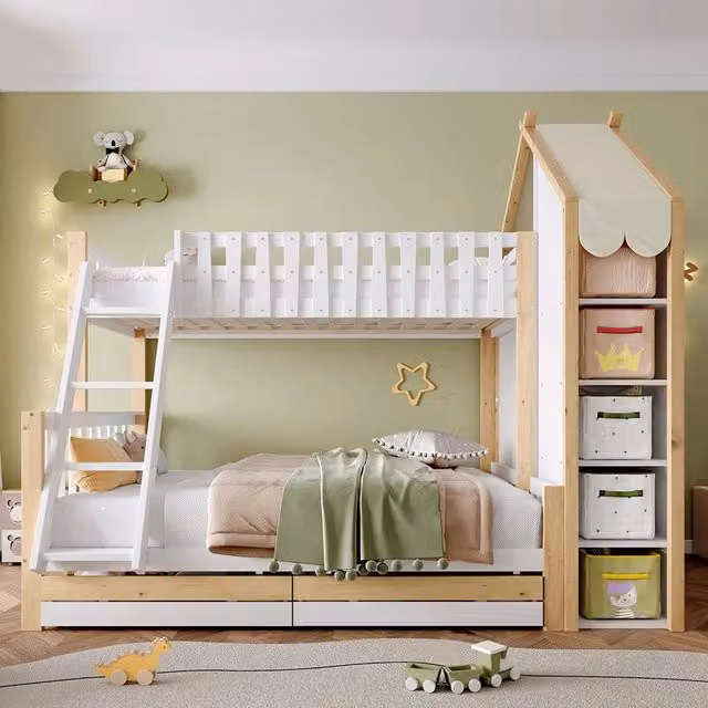 Letto a castello-Xylo-90x200+140x200cm, barriera, 2 cassetti, bianco+naturale
