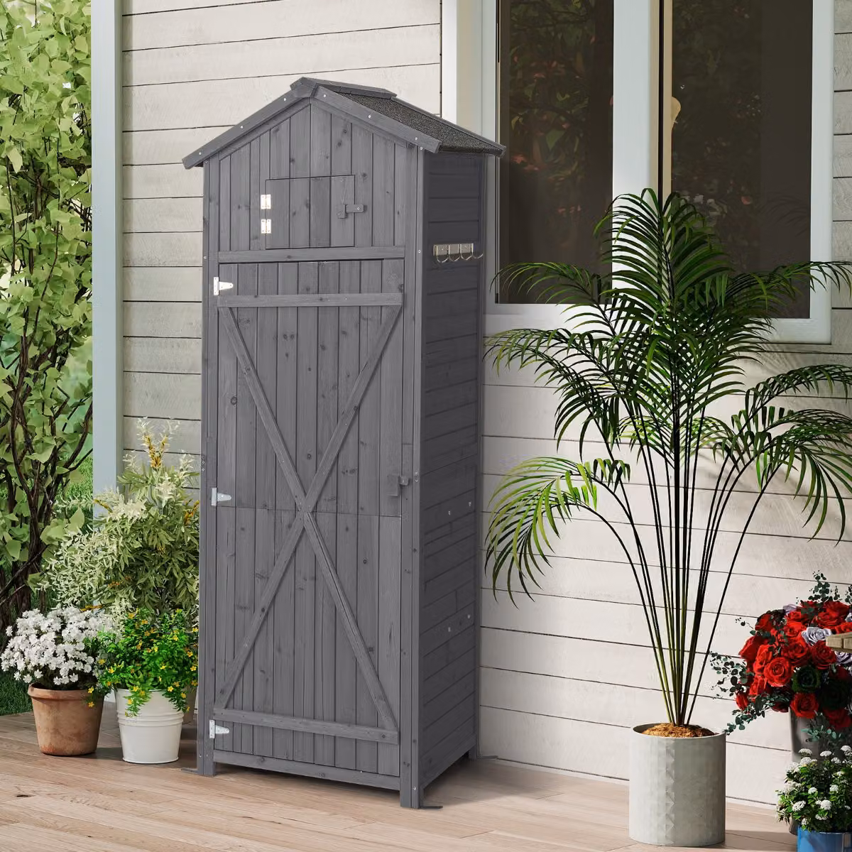 Capannone da giardino Costway con serratura e tavolo pieghevole, organizer per utensili Grigio H: 180,5 cm x L: 75,0 cm x P: 50,0 cm