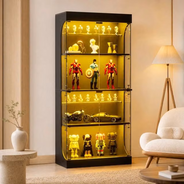 Vetrina 80.0x35.0x165.0 cm con illuminazione LED; sensore di movimento e ricarica in vetro e pannello truciolare di colore nero
