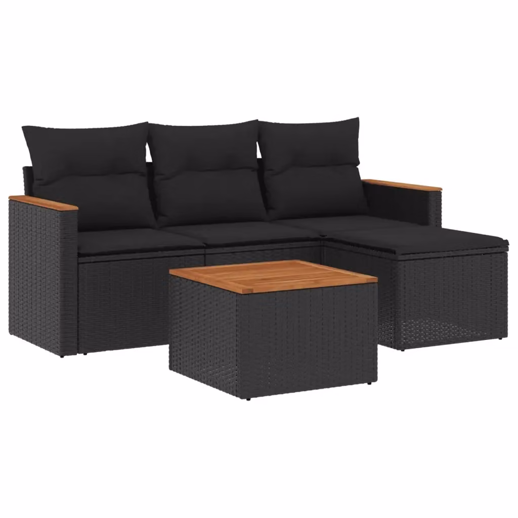 Set di Divani da Giardino vidaXL 5 Pezzi in Polyrattan Nero con Cuscini e Tavolino da Esterno – 2