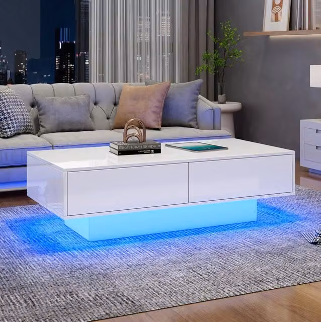 Tavolino da salotto ULEVR 115x55x34 cm con 2 cassetti e illuminazione LED, bianco lucido