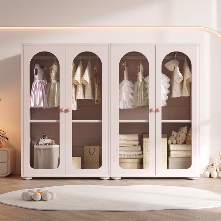 okwish Set da 2 pezzi: armadio per bambini con ante trasparenti in acrilico, mobile contenitore per camera da letto con asta appendiabiti e design a 2 ante, maniglie in Vetroceramica, rosa bebè