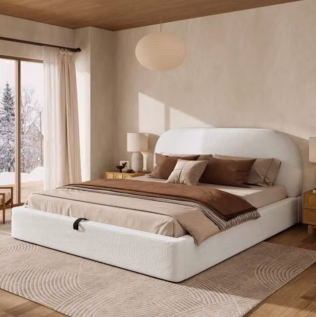 Letto matrimoniale 180x200 cm; contenitore idraulico; Bouclé beige (Senza materasso)