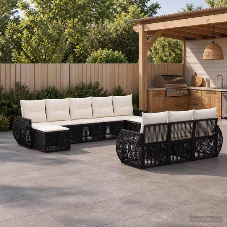 Set Divano da Giardino vidaXL 10 Pezzi a Forma di U in Polyrattan con Cuscini Imbottiti Nero e Bianco Crema
