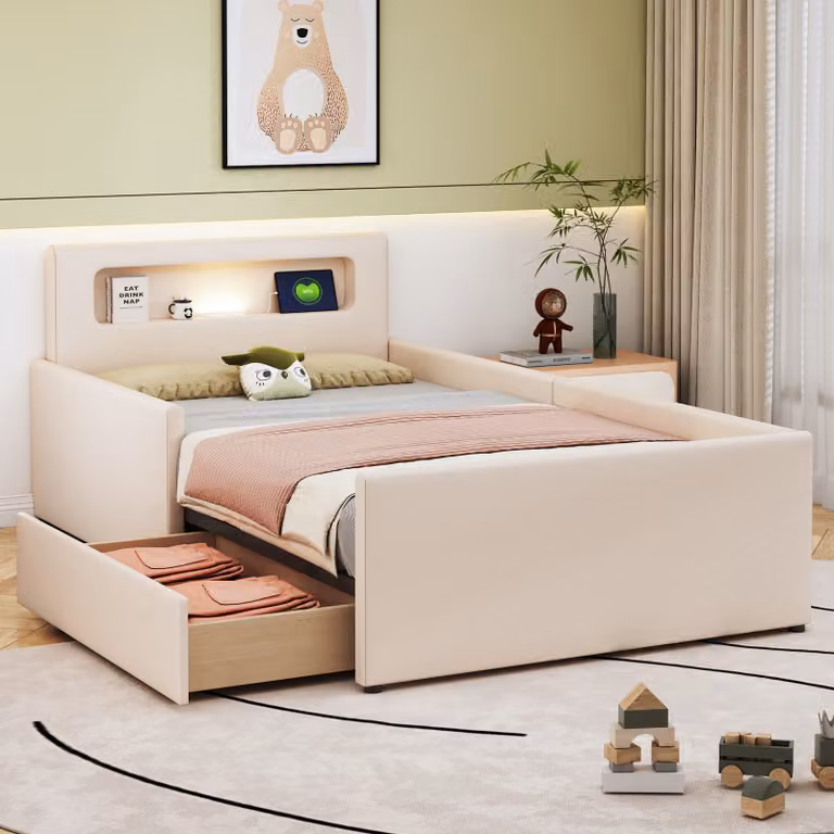 okwish Letto imbottito Letto per ragazzi 90×200 cm,Letto singolo funzionale con luce notturna, porta di ricarica USB e vani portaoggetti, Ecopelle, Beige (Senza materasso)