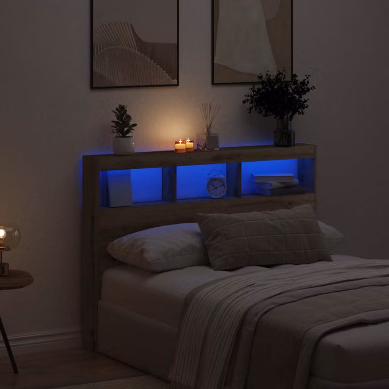 Testiera con Contenitore vidaXL in Rovere Artigianale con Illuminazione LED e Porte USB, L/P/H: 140 x 17 x 102 cm